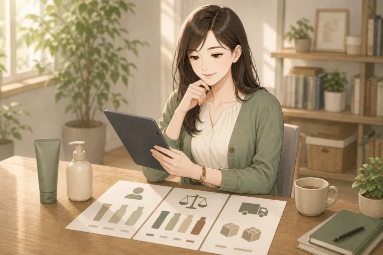 商品比較で価格以外の3つの基準を確認するイメージ