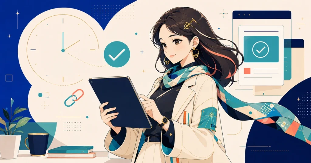 あいがタブレットで予約投稿の公開状態を確認するアイキャッチ