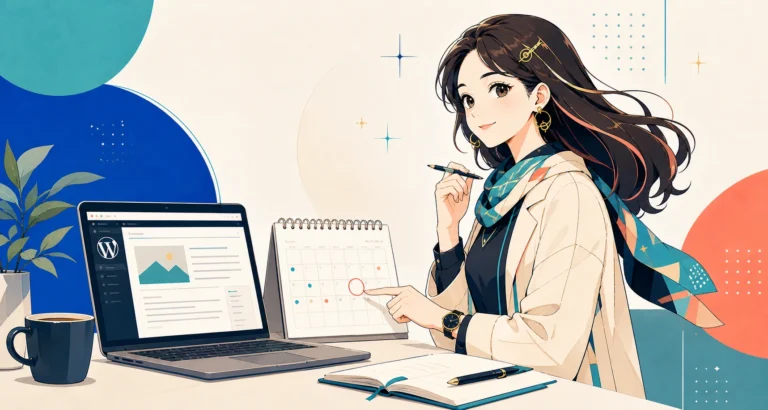 あいがカレンダーとWordPress下書きを見ながら公開枠を確認するアイキャッチ