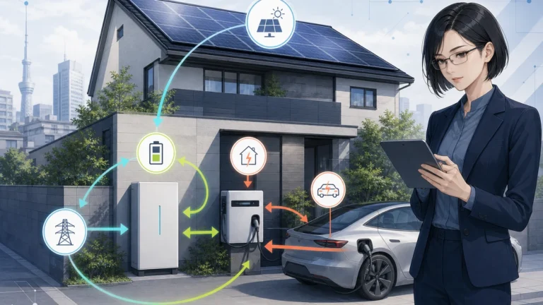 太陽光発電・蓄電池・V2H・EVの電気の流れを描いたコトのアイキャッチ