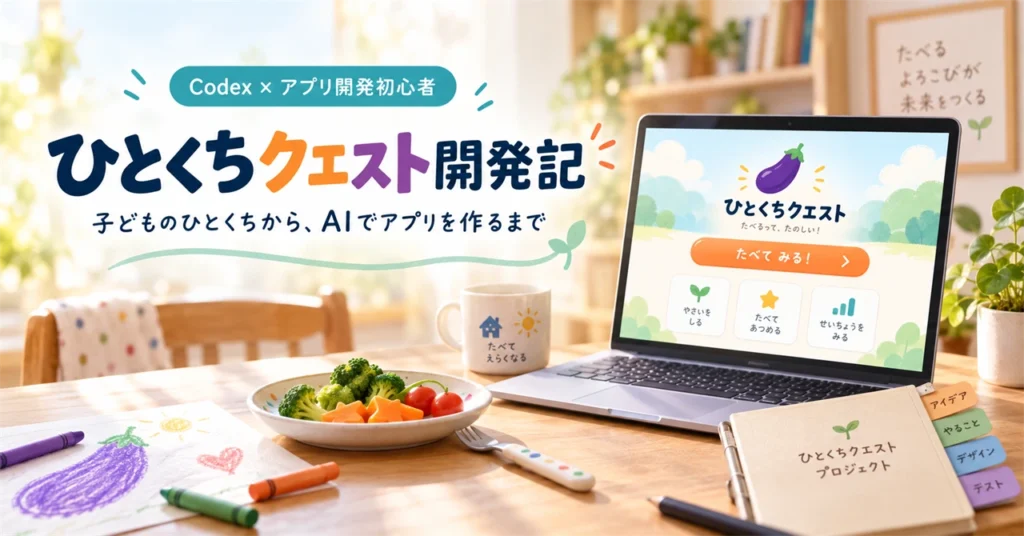 ひとくちクエスト開発記。ナスのアプリを表示したパソコンと野菜を描いたイメージ画像